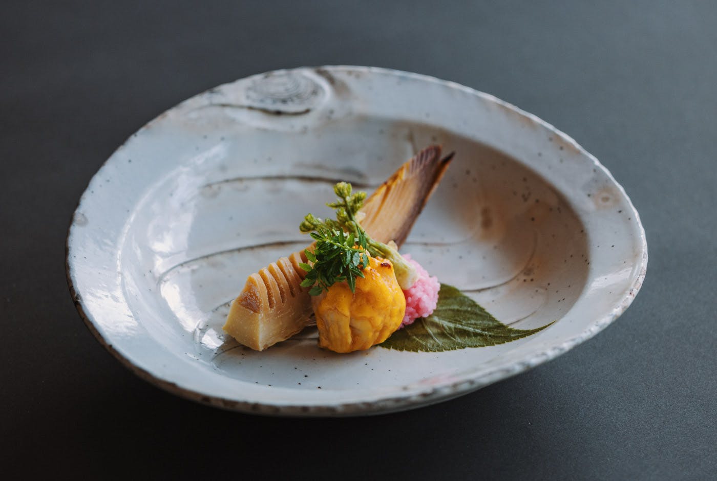 Grilled bamboo shoot and fat greenling with leaf bud miso