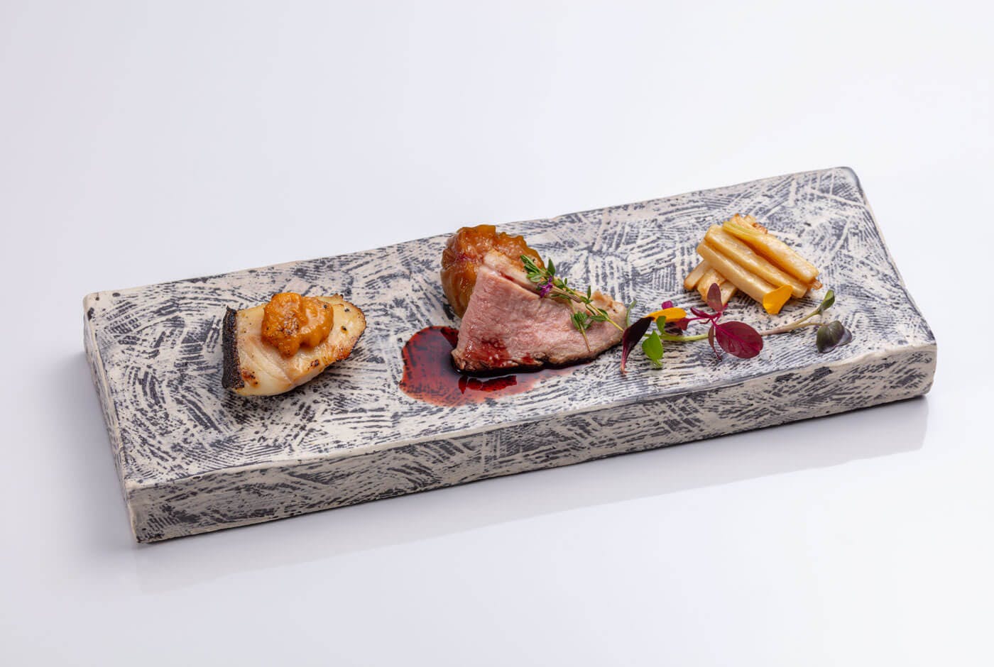 Grilled codfish marinated with miso paste Salted-roasted duck Grilled wild rice stem with oyster oil