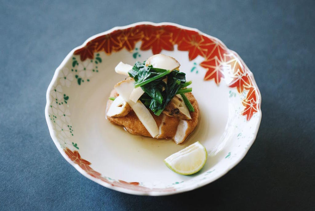 甘鯛と甘海老の真丈 松茸と菊菜の煮びたし