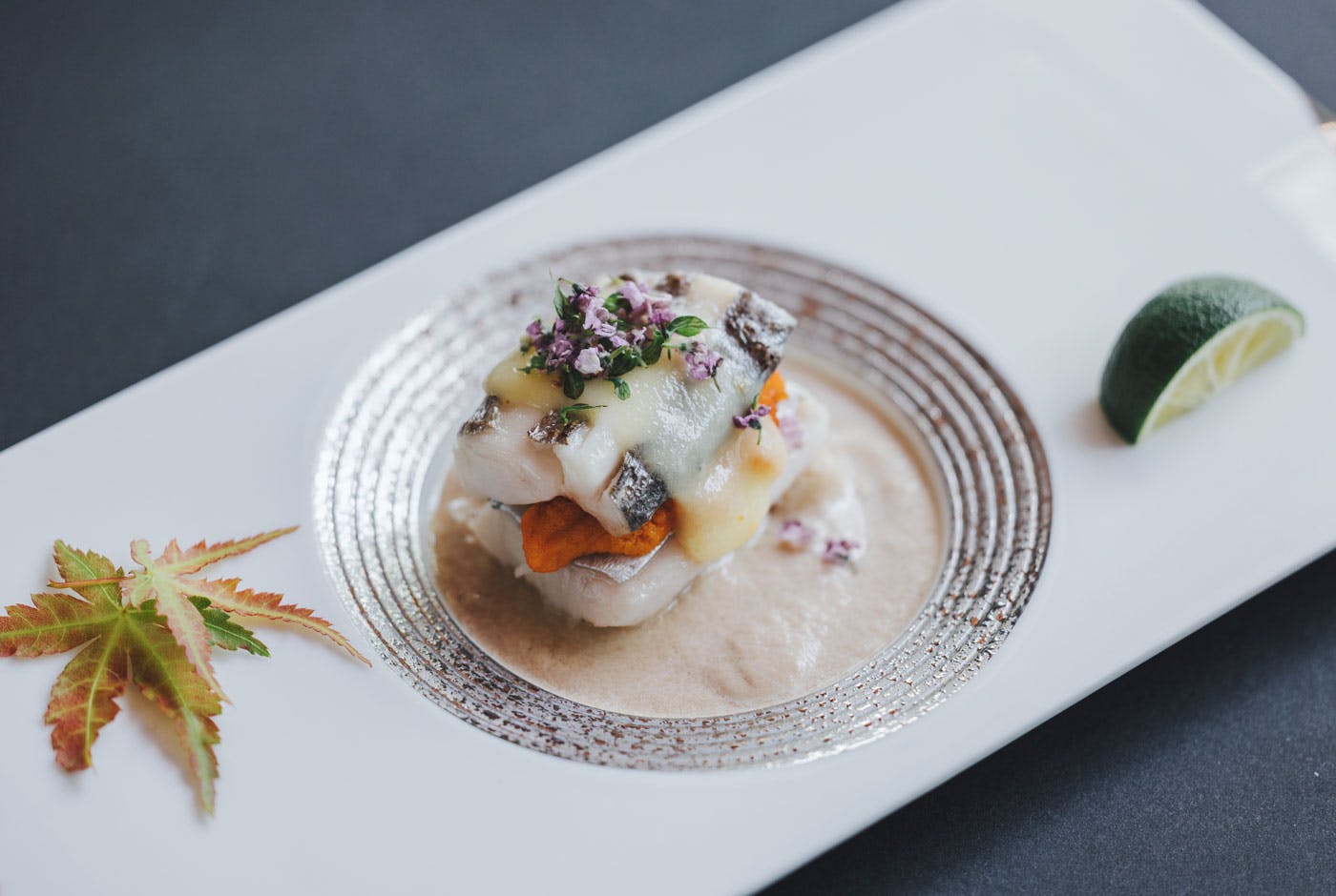 太刀魚と温泉茄子の挟み焼き　雲丹　焼き茄子ソース