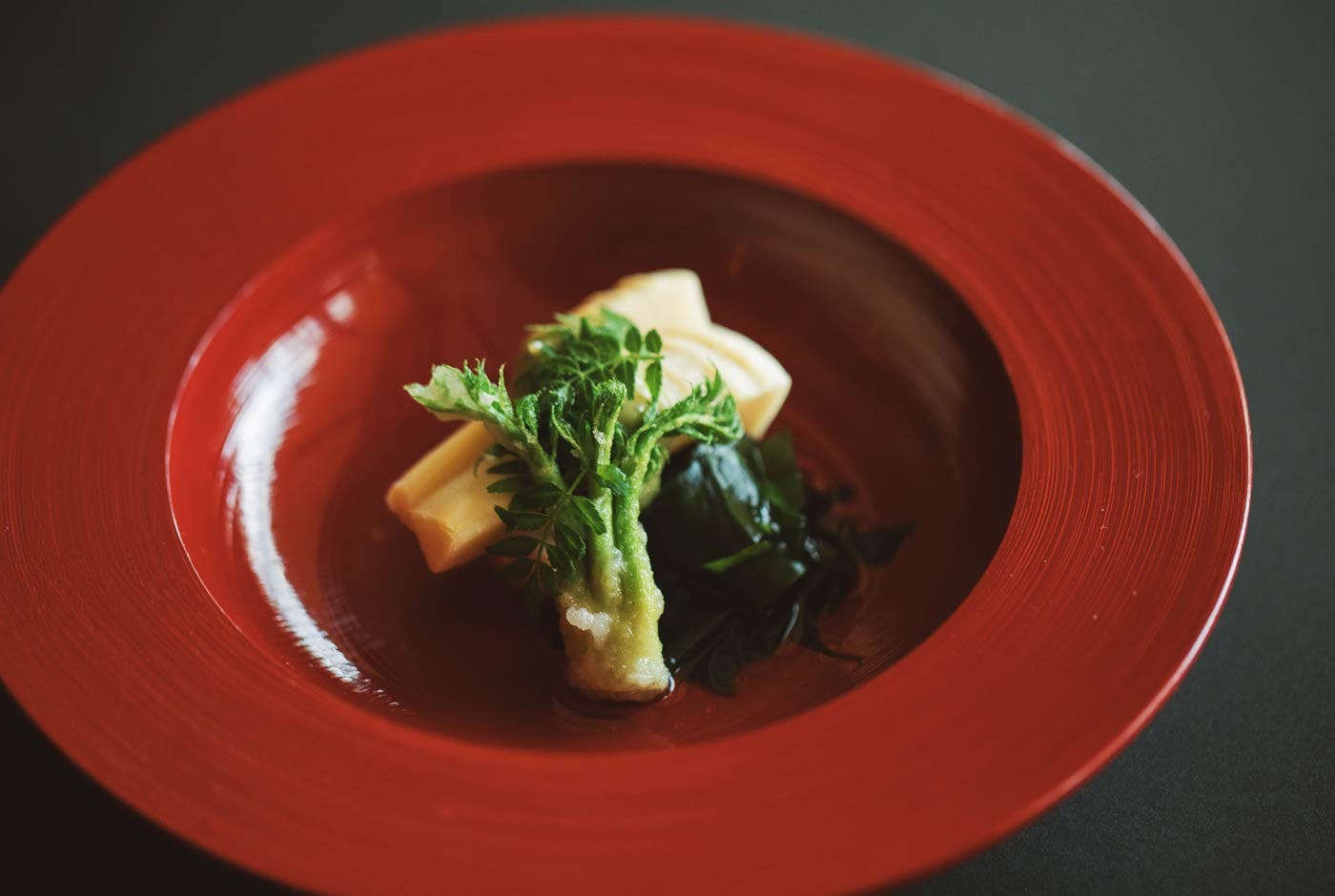 Simmered bamboo shoots and fried aralia sprout with miso mixed Japanese pepper