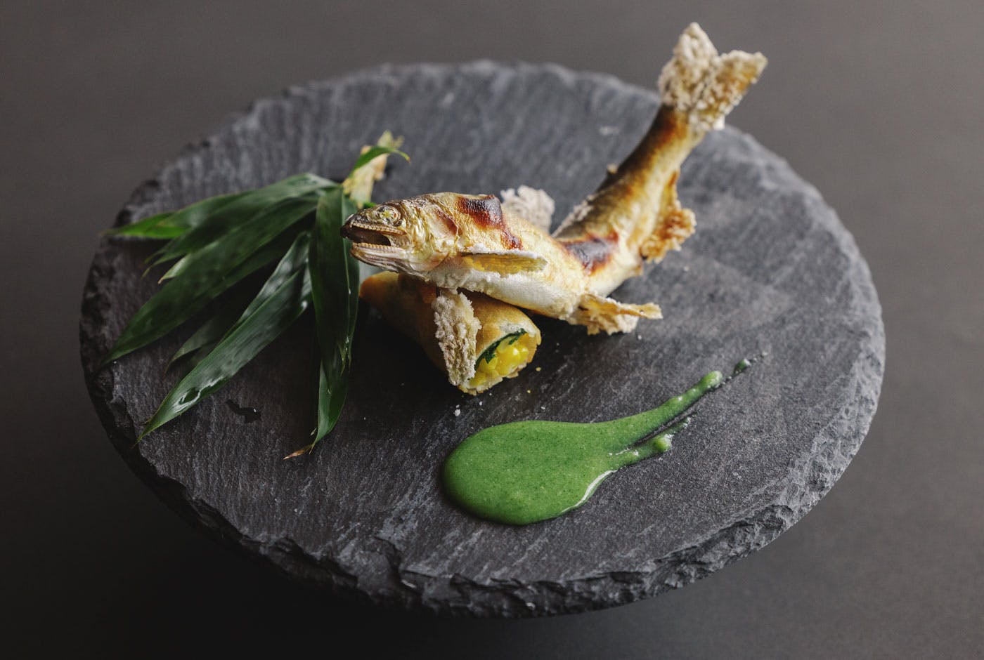 那珂川産　若鮎塩焼　とうもろこし春巻き　蓼酢