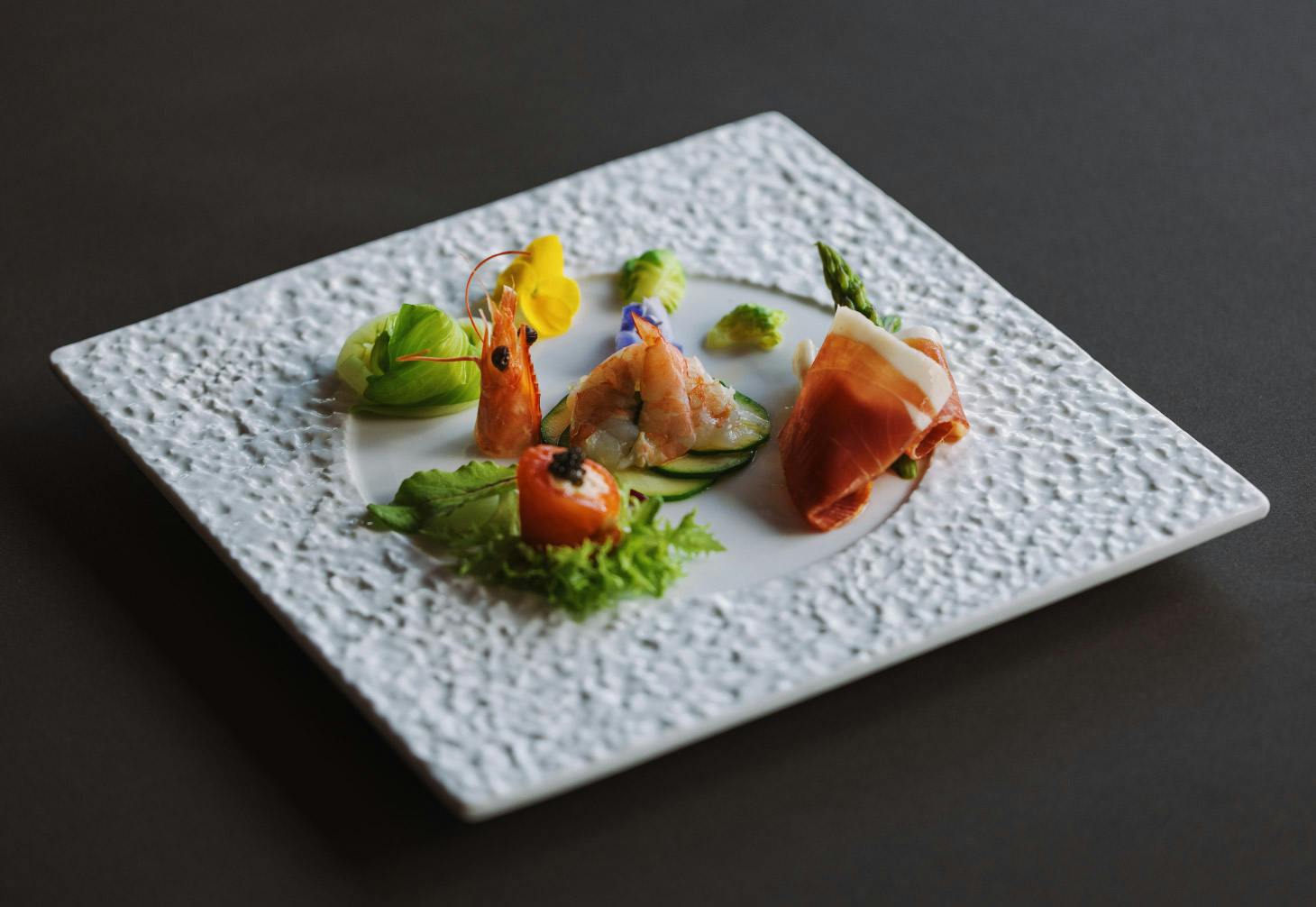 Yashio trout, Nasu sangenton pork prosciutto crudo, and paradise prawn