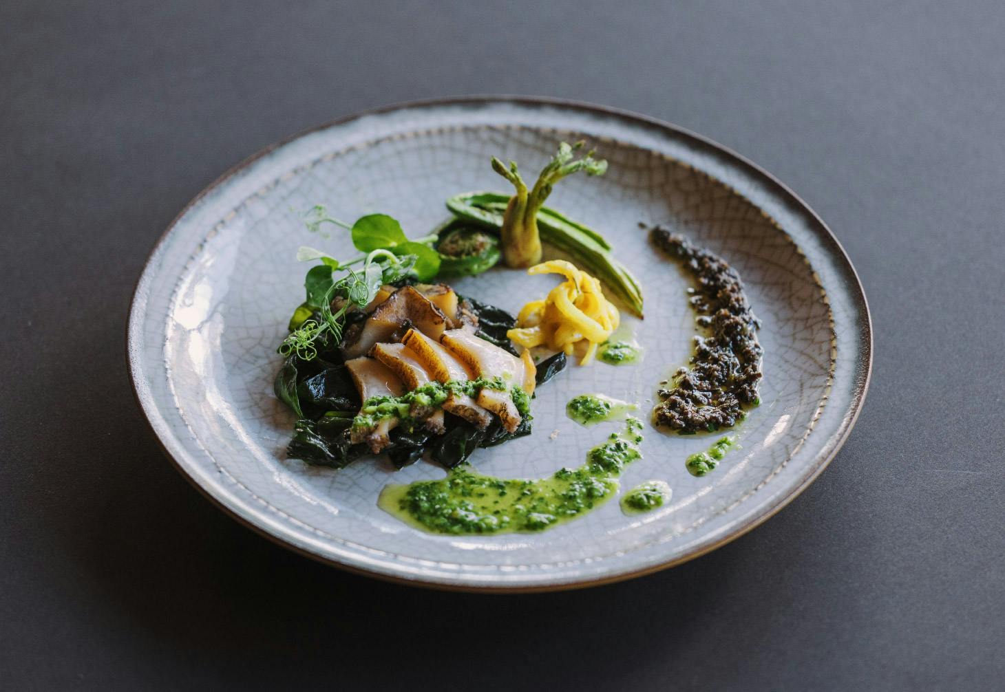 Teppan-grilled Ezo abalone Spring vegetables and two kinds of sauces