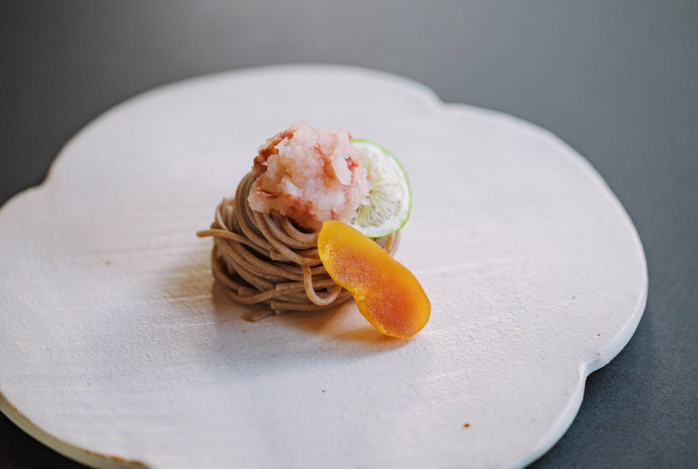 Kanuma buckwheat noodles, salt-pickeled bonito guts, and sliced bottarga